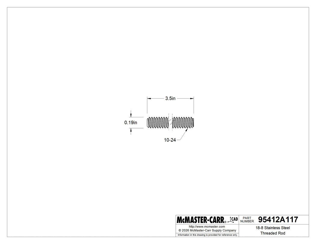 Technical Drawing of 18-8 Stainless Steel Threaded Rod, 10-24 Thread Size, 3-1/2" Long.
